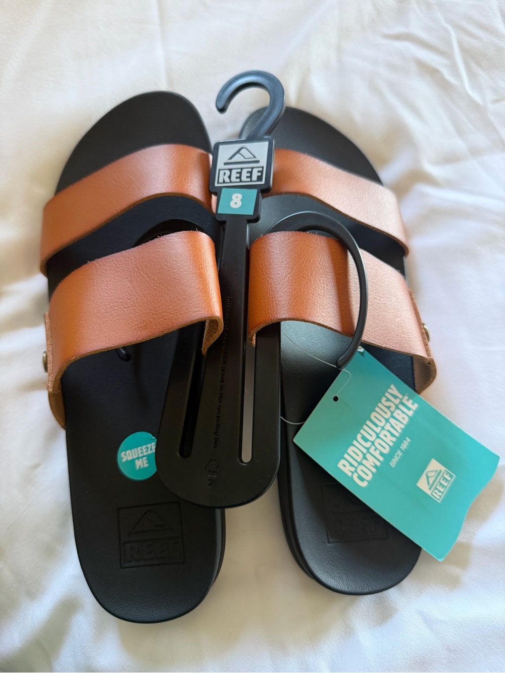 New Reef womens Tan Double Strap Slide Sandals - Cognac/black size 8